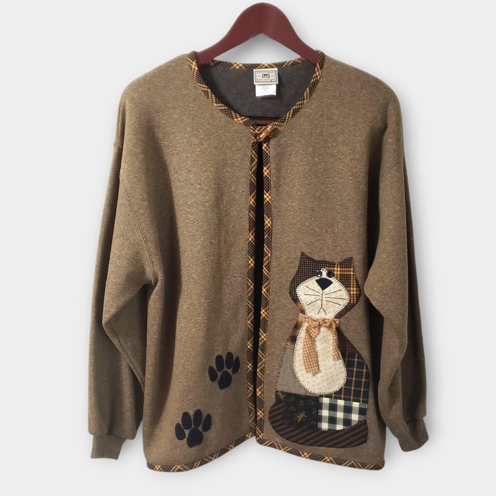 Vtg Lee Heavyweight Cat Applique Patchwork Plaid Fleece Cardigan Brown Medium